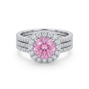 Blush Halo Trio Ring Set - Gold Plated Copper Pink CZ Halo Engagement Ring with Pavé Band