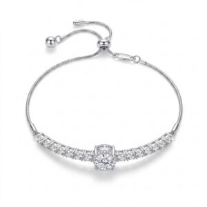 Lumina Halo Slider Bracelet - Rhodium Plated Copper Adjustable Tennis Bracelet with Cushion-Cut CZ Halo