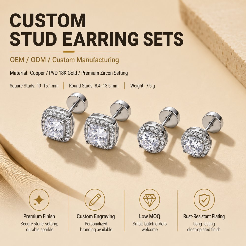 Copper Stud Earring Set Brass Halo Cubic Zirconia Stud Earrings 2 Pairs Jewelry Set