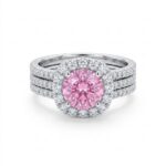 Copper Ring Blush Halo Trio Ring Set - Gold Plated Copper Pink CZ Halo Engagement Ring with Pavé Band