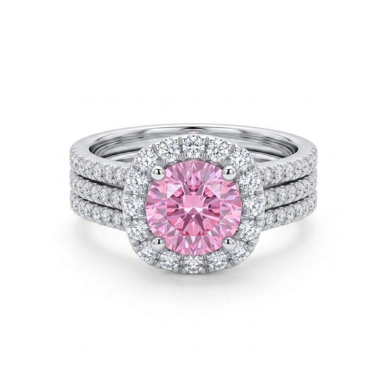 Copper Ring Blush Halo Trio Ring Set - Gold Plated Copper Pink CZ Halo Engagement Ring with Pavé Band