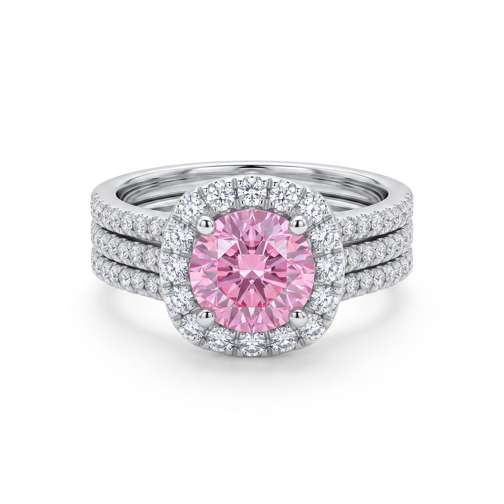Copper Ring Blush Halo Trio Ring Set - Gold Plated Copper Pink CZ Halo Engagement Ring with Pavé Band
