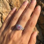 Copper Ring Blush Halo Trio Ring Set - Gold Plated Copper Pink CZ Halo Engagement Ring with Pavé Band