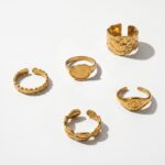 Stainless Steel Ring Set Vintage Tidal Gold Collection - 5pcs 18K Gold Plated Stainless Steel Open Rings with Hammered, Sun & Textured Details