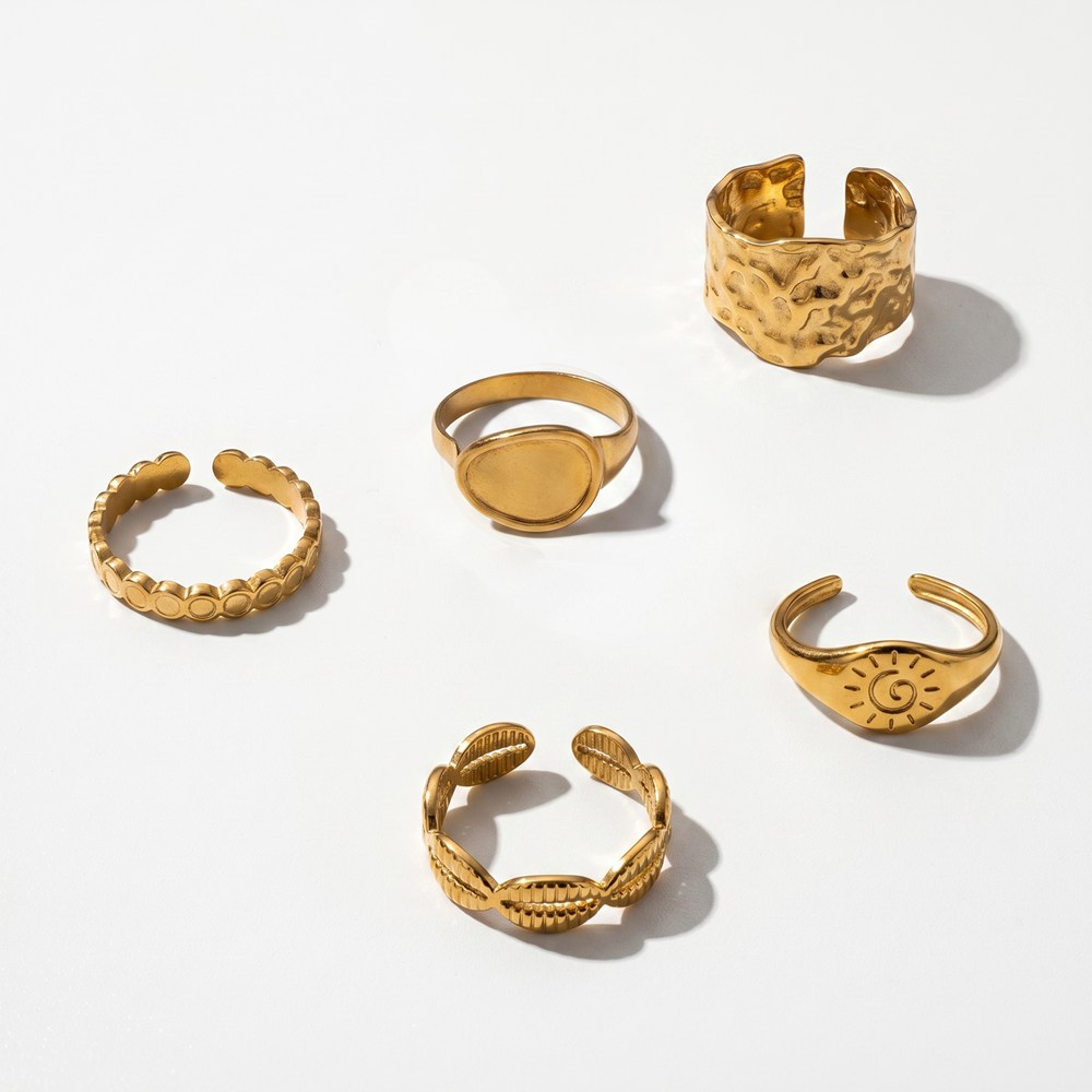 Stainless Steel Ring Set Vintage Tidal Gold Collection - 5pcs 18K Gold Plated Stainless Steel Open Rings with Hammered, Sun & Textured Details