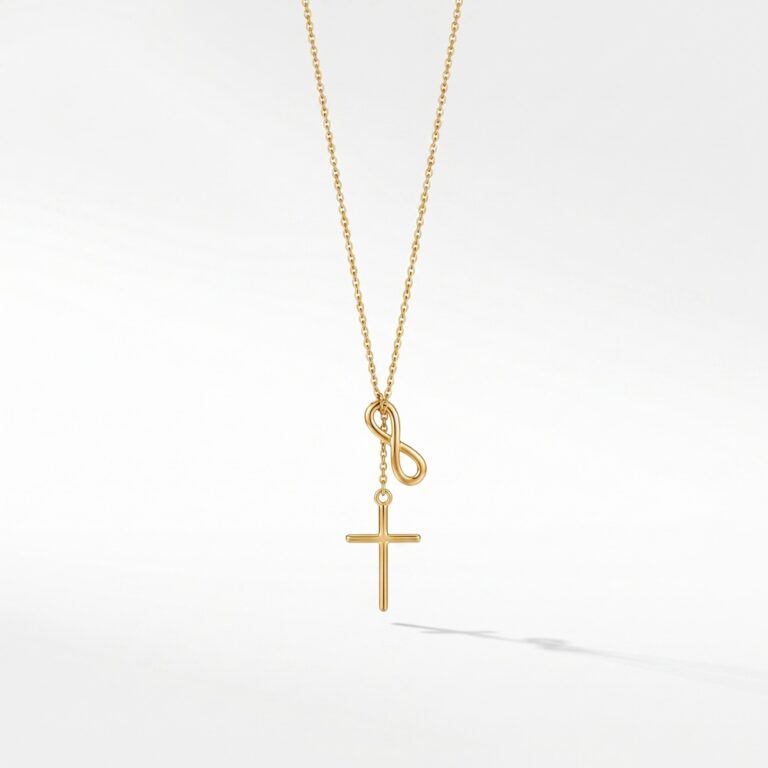 Stainless Steel Necklace Faith & Eternity Lariat Necklace - 18K Gold Plated Stainless Steel Infinity Symbol & Cross Pendant Chain