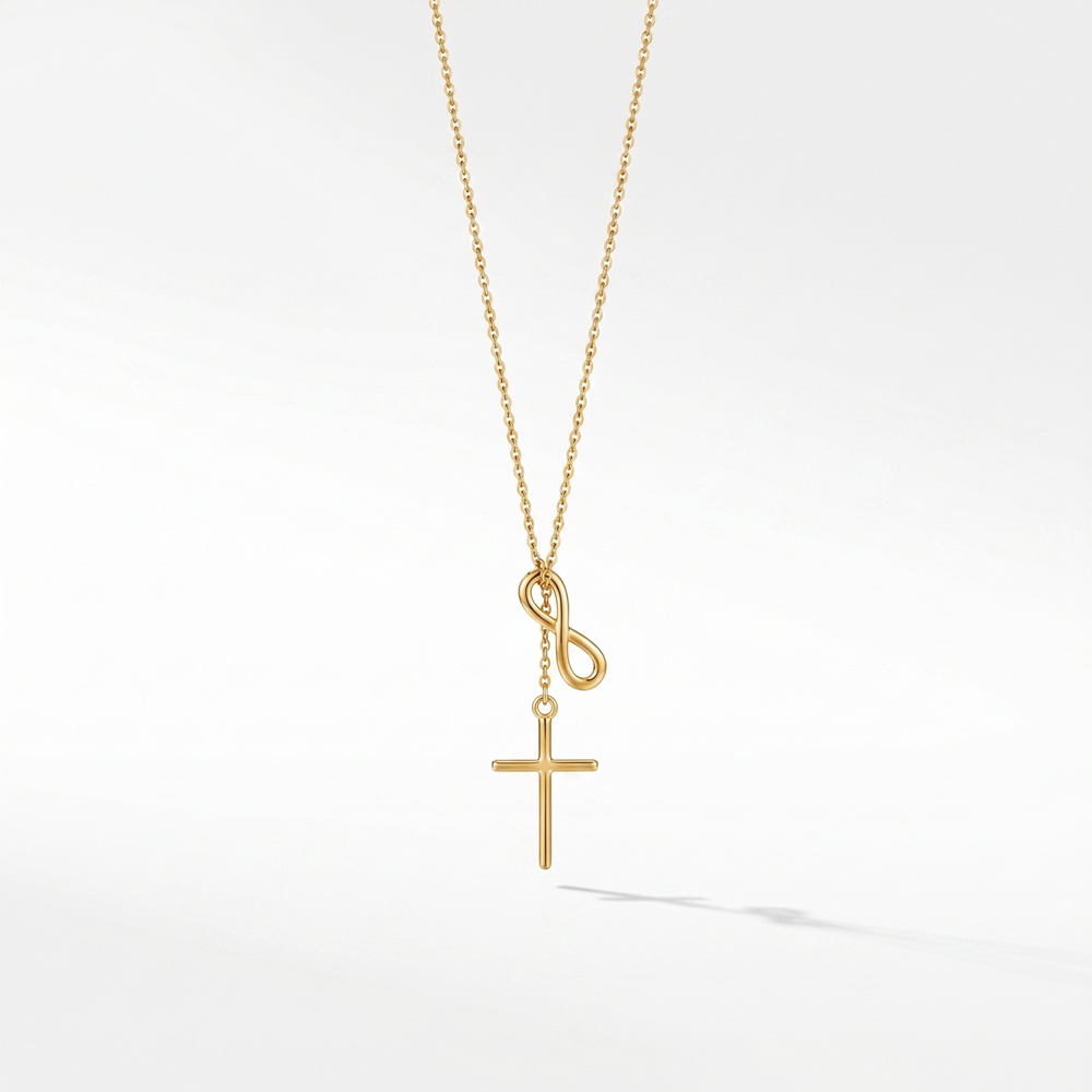 Stainless Steel Necklace Faith & Eternity Lariat Necklace - 18K Gold Plated Stainless Steel Infinity Symbol & Cross Pendant Chain