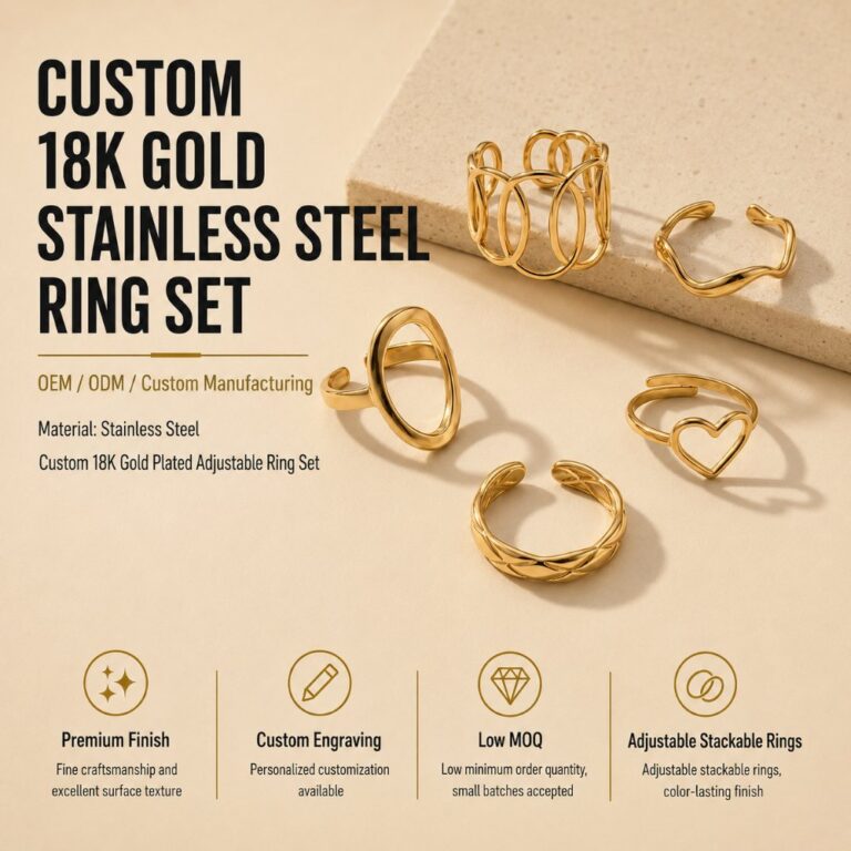 Stainless Steel Ring Set 5-Piece Set of Gold-Tone Adjustable Open Rings with Stainless Steel Cutout Design